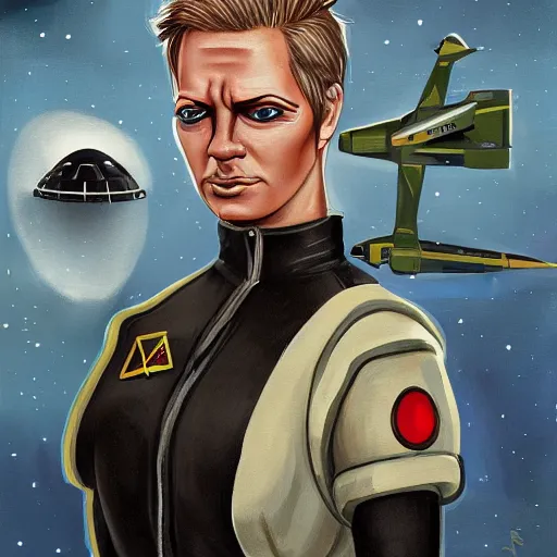 Image similar to painting of square - jawed emotionless serious blonde woman starship engineer, tribal tattoos, handsome, short slicked - back hair, sweating, uncomfortable and anxious, looking distracted and awkward, wearing victorian dark goggles, flight suit and gloves, small spacecraft in background, highly detailed, mike mignogna, trending on artstation