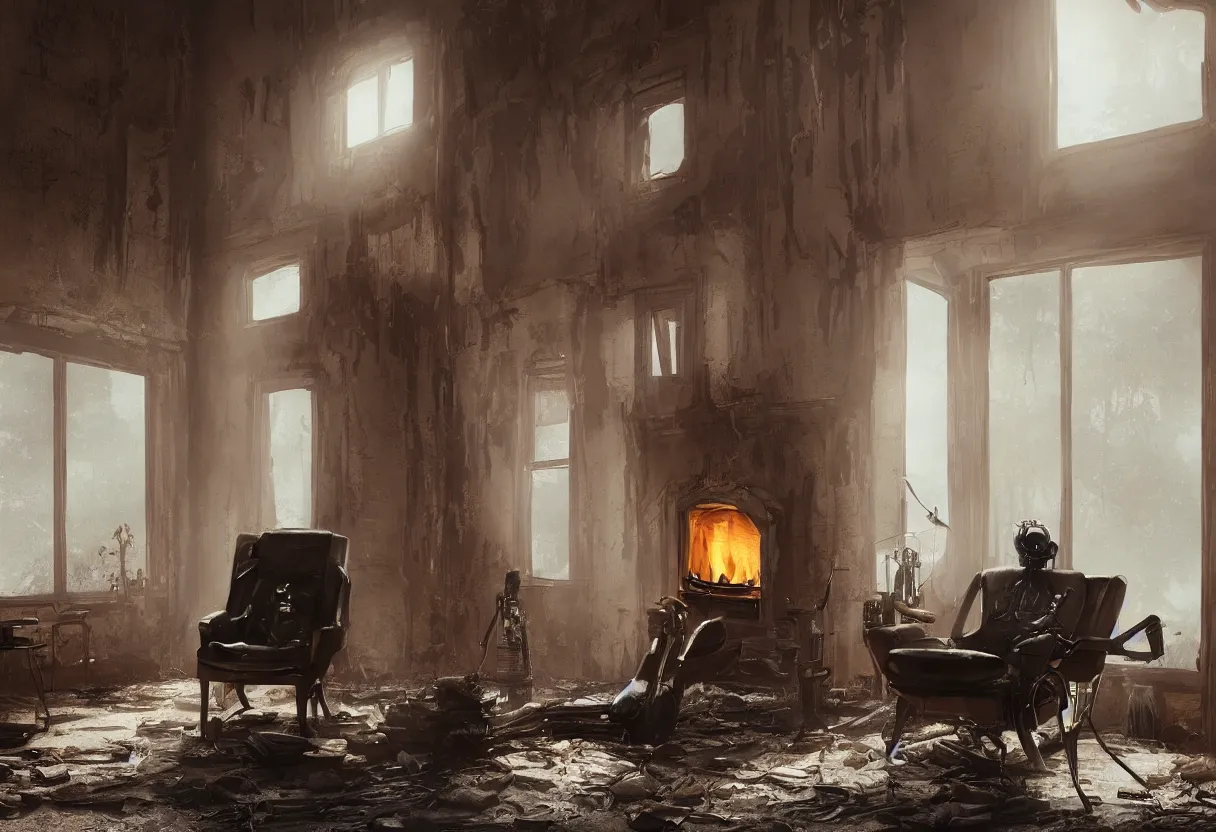 Image similar to An intimate closeup portrait photograph of a solitary futuristic robot sitting on a frayed recliner in front of a beautiful fireplace with a cozy fire, in a dilapidated steampunk Victorian home, soft morning light seeping in a window, with cinematic lighting and lens flare, tall ceiling, octane render, cgsociety, by Simon Stalenhag and Alfonso Cuaron, highly detailed close shot , award-winning highly detailed 8k anamorphic Arri Alexa Cooke cinematic movie photograph