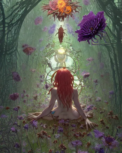 Prompt: the platonic ideal of flowers, rotting, insects and praying of cletus kasady carnage davinci dementor chtulu mandala ponyo alice in wonderland dinotopia watership down, fantasy, ego death, decay, dmt, psilocybin, concept art by greg rutkowski and simon stalenhag and alphonse mucha