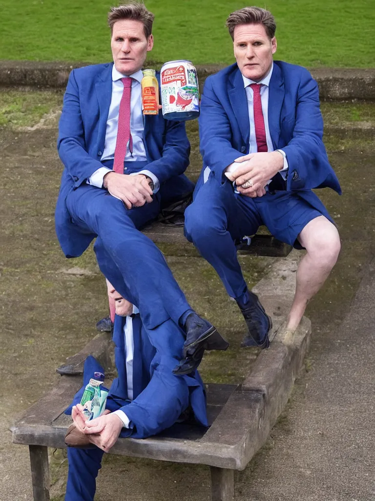 Prompt: Sir Kier Starmer in a blue suit wearing a flat cap on his head sitting on a bench alone holding a large plastic green bottle of cider, at his feet are empty cans and bottles