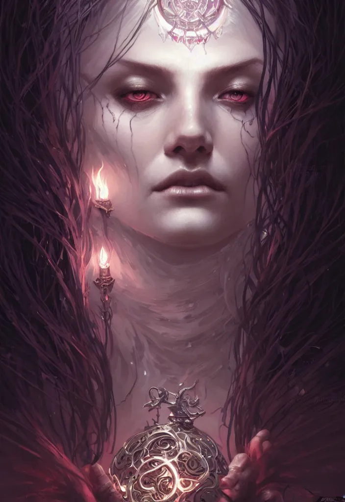 Image similar to Necromancer Sorceress face in center, fantasy magic, undercut hairstyle, dark light night, intricate, elegant, sharp focus, illustration, highly detailed, digital painting, concept art, matte, art by WLOP and Artgerm and Greg Rutkowski and Alphonse Mucha, masterpiece