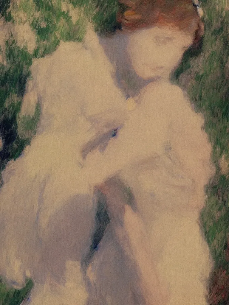 Image similar to portrait of < zelda fitzgerald > as a beautiful young lady wearing 1 9 2 0 s fashion, blurry face, fair, slim, fair, severe out of focus, depth of field, pleinairism, in the sun, backlit, closeup, oil on canvas, atr by monet, in the style of le promenade, smooth, impressionnisme, 8 k