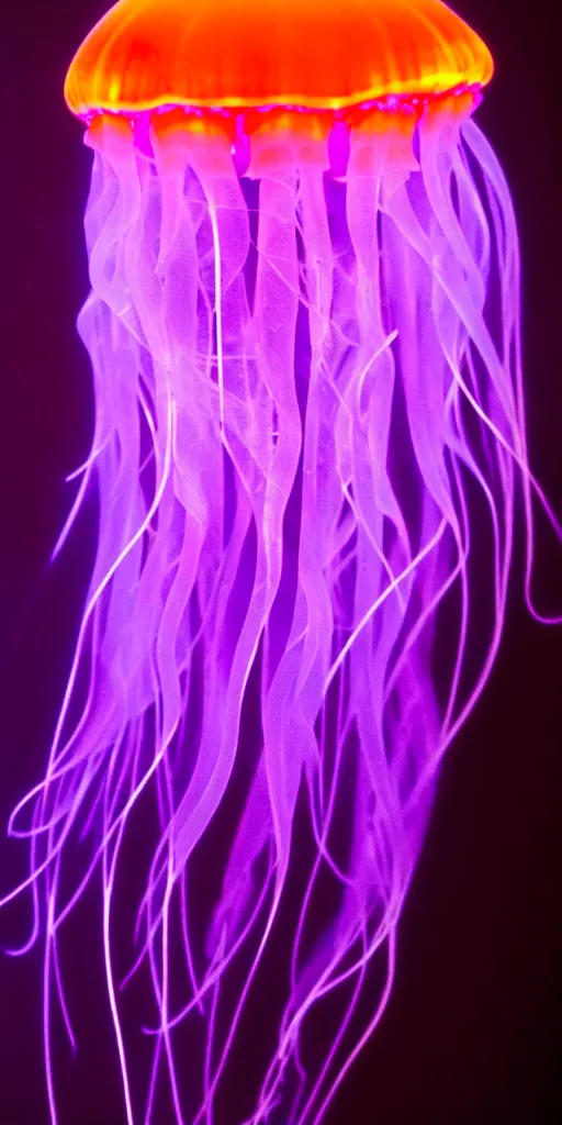 Image similar to a deep sea translucent bioluminescent jellyfish, purple and orange, hyperrealistic, extremely detailed, award winning underwater photograph