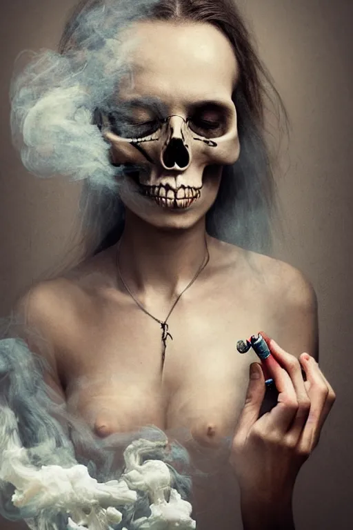 Image similar to beutifull and very tired woman. Woman is looking pile Off pills, drugs, cigarrette boxes and a skull on a wooden table, skull made out of smoke coming out of pills, fantasy, intricate, elegant, highly detailed, digital painting, artstation, concept art, addiction, chains, smooth, sharp focus, illustration, art by Ilja Repin