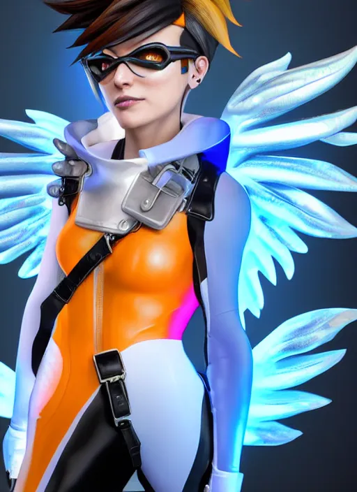 Image similar to portrait bust digital artwork of tracer overwatch, wearing white iridescent rainbow latex and leather straps catsuit outfit, 4 k, expressive happy smug expression, makeup, in style of mark arian, angel wings, wearing detailed black leather collar, chains, black leather harness, detailed face and eyes,