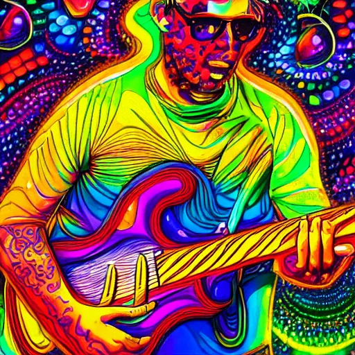 Prompt: psychedelic illustration of a guitar player melting on colors, alucination, trending on art station, masterpiece