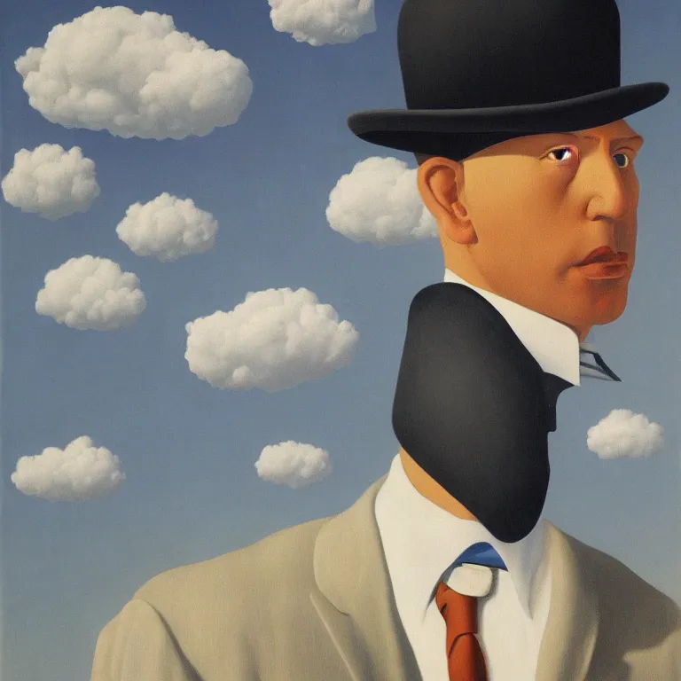 Prompt: portrait of a cloud man in a suit by rene magritte, detailed painting, hd, hq, high resolution, high detail, 4 k, 8 k
