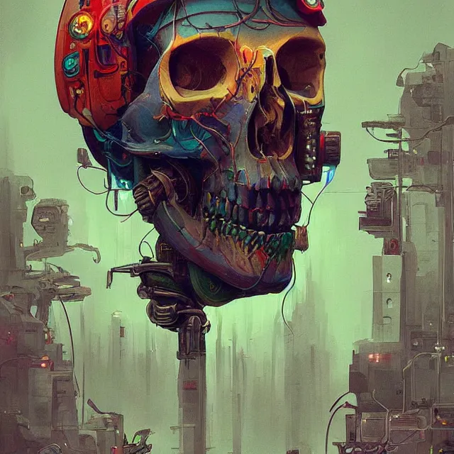 Prompt: a beautiful portrait painting of a ( ( cyberpunk ) ) skull by simon stalenhag! and pascal blanche and alphonse mucha!! and nekro!. in style of digital art. colorful comic, film noirs!, symmetry, hyper detailed. octane render. trending on artstation