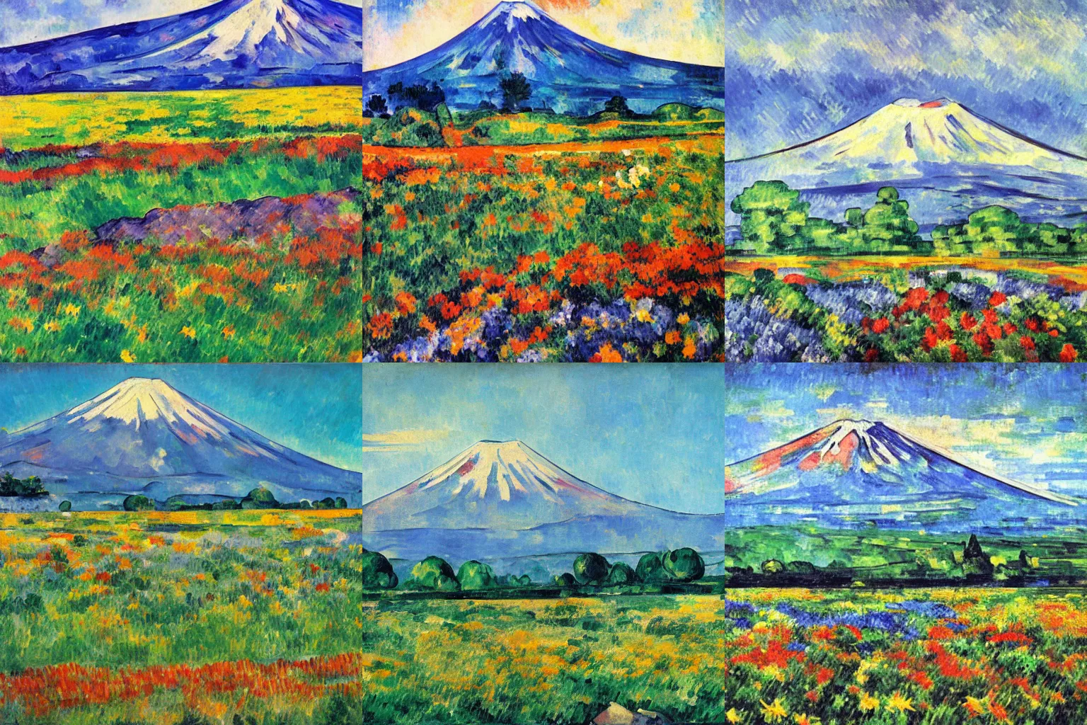 Prompt: Field of mixed flowers, Mount Fuji blurred in the background, good news on Sunday, Cézanne style