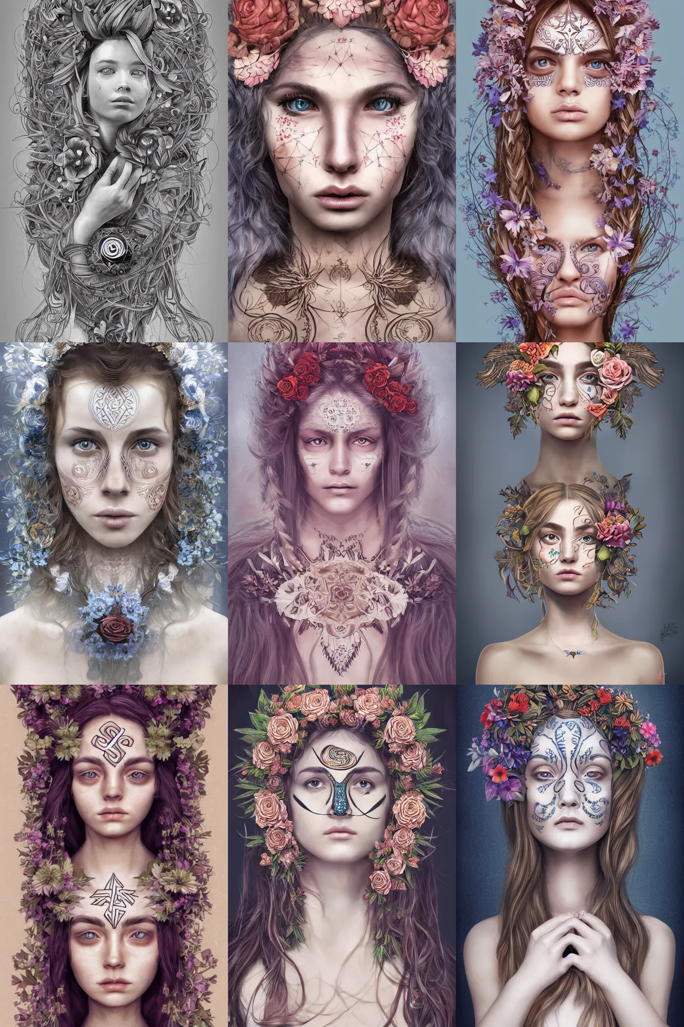 Image similar to a symmetrical portrait with esoteric symbols on the skin and flowers in the hair, intricate, hyperrealistic, concept art, digital art