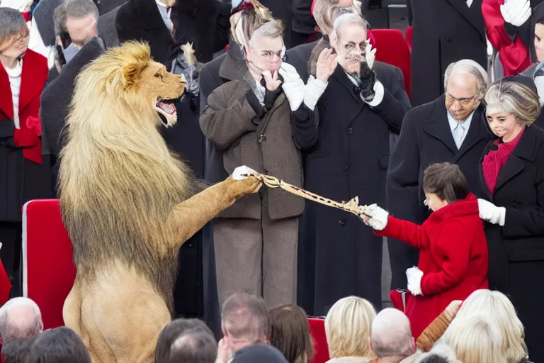 Image similar to photo of the usa presidential inauguration, a lion fursuiter being inaugurated as president