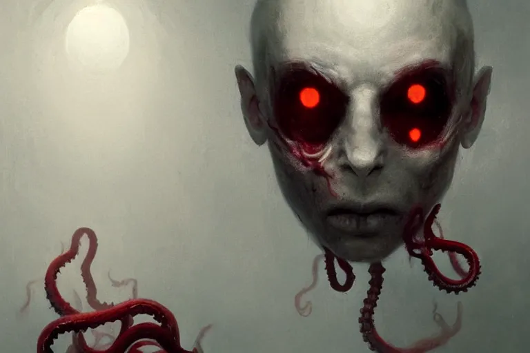Image similar to painting by greg rutkowski of a floating human head and face that is chalk white in color, with tentacles coming downwards of the neck, red eyes, flying in a terrying hell like cavernous place