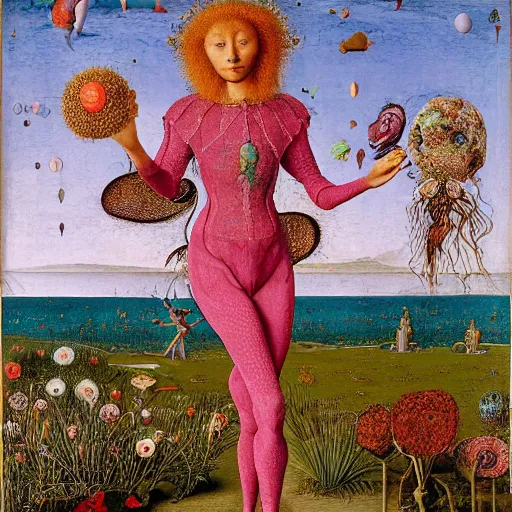 Image similar to a wide landscape with a tattood alien girl with fish scales and feathers swimming with flowers by jan van eyck, ernst fuchs, nicholas kalmakoff, joep hommerson, character, full body, catsuit, max ernst, hans holbein