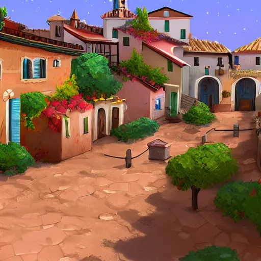Image similar to A Spanish village. 2D videogame seamless parallax background.