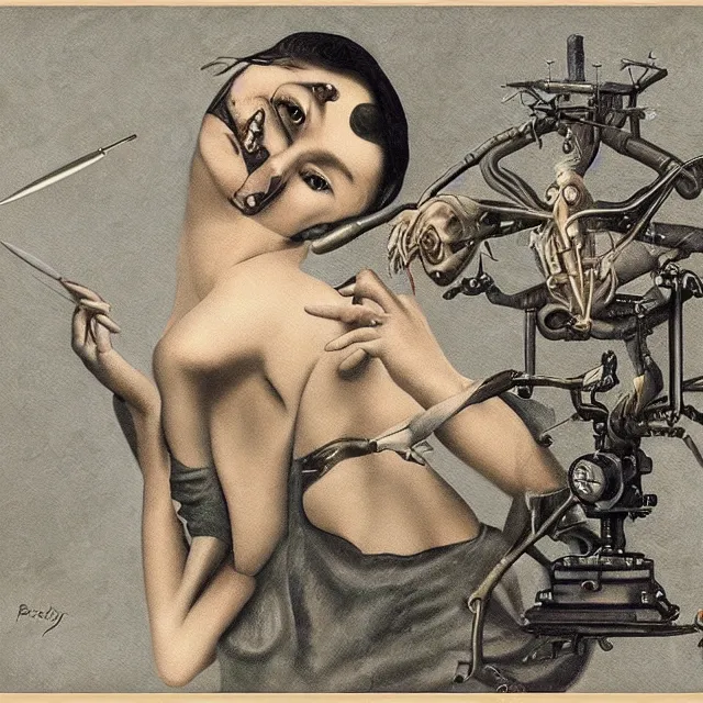 Image similar to pepe the frog artist painting a self - portrait on a canvas. intricate, highly detailed, digital matte painting in the style of alberto vargas and in the style of h. r. giger. irony, recursion, inspiration.