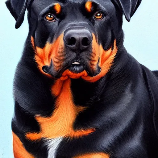 Image similar to buff rottweiler, oil painting, artgerm, portrait, highly detailed, artstation