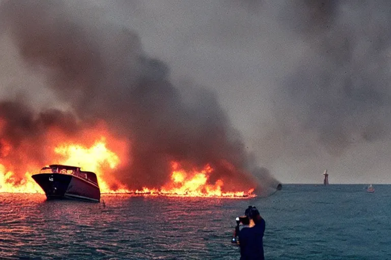 Prompt: a tourist taking a photo of a boat on fire in naples, cinematic shot, foggy, photo still from movie by denis villeneuve