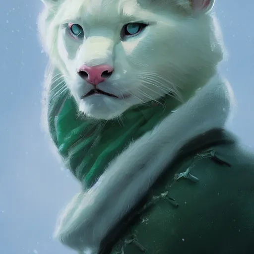 Prompt: aesthetic portrait commission of a albino male anthro panther wearing a cute mint colored cozy soft pastel winter outfit, winter Atmosphere. Character design by Greg Rutkowski and Thomas Kinkade trending on artstation, detailed, inked, western comic book art, award winning painting