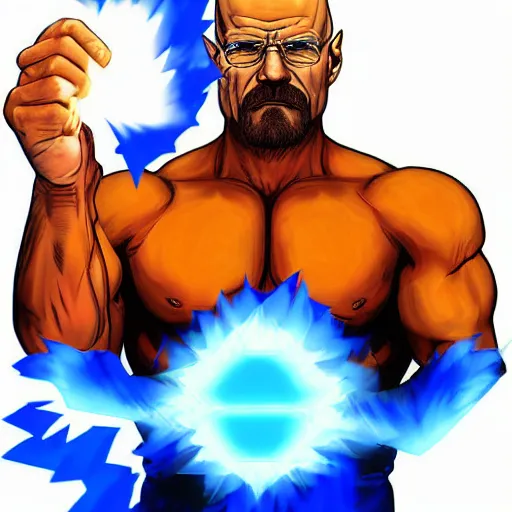 Image similar to buff Walter White Hadoken a ball of blue fire, accurate anatomy, accurate hands, highly detailed, digital art,