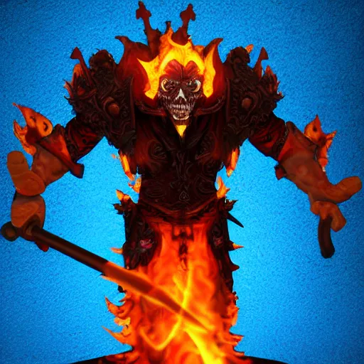 Image similar to ragnaros the firelord wielding burning skull as a mask full body 8 k