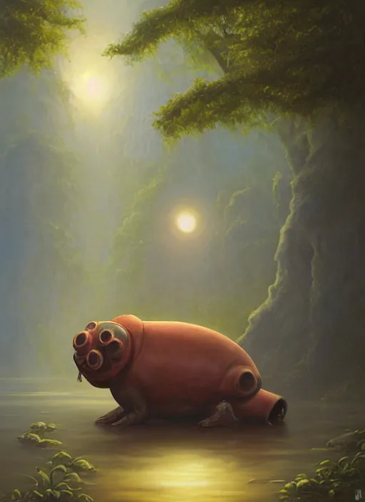 Image similar to a tardigrade meditating near a river in the amazon jungle, art by christophe vacher