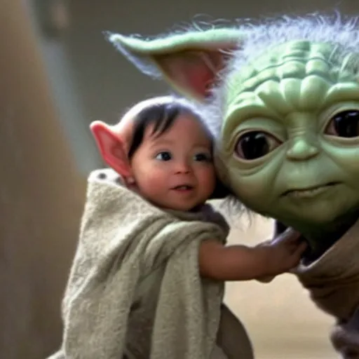 Image similar to a film still of baby yoda's son being trained by rey skywalker in star wars realistic, detailed