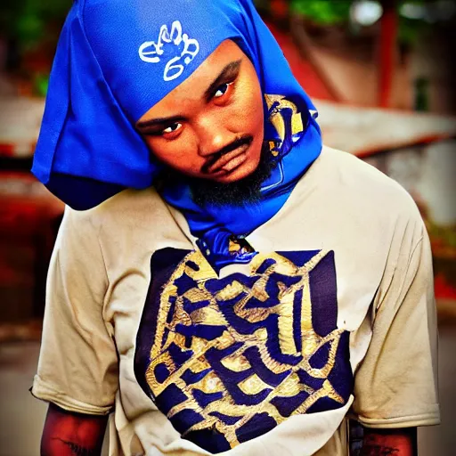 Image similar to crips gang member with batik bandana and parang rusak logo in their hood - realistic - photorealistic - hd - trending hood photos of the year - ilustrator - detailed - real clear