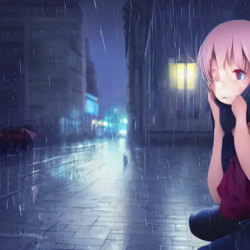 Image similar to anime girl crying with tears on all of her face, rainy day, urban setting at night, highly detailed, trending on Artstation, Unreal Engine 4k, cinematic wallpaper by Stanley Artgerm Lau, WLOP, Rossdraws, James Jean, Andrei Riabovitchev, Marc Simonetti, and Sakimichan