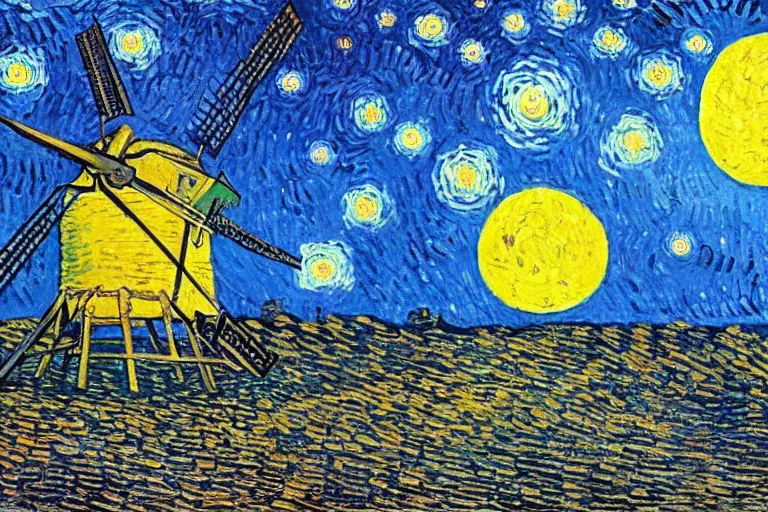 Image similar to windmill on the surface of the moon, circus, magical, warm light by van gogh