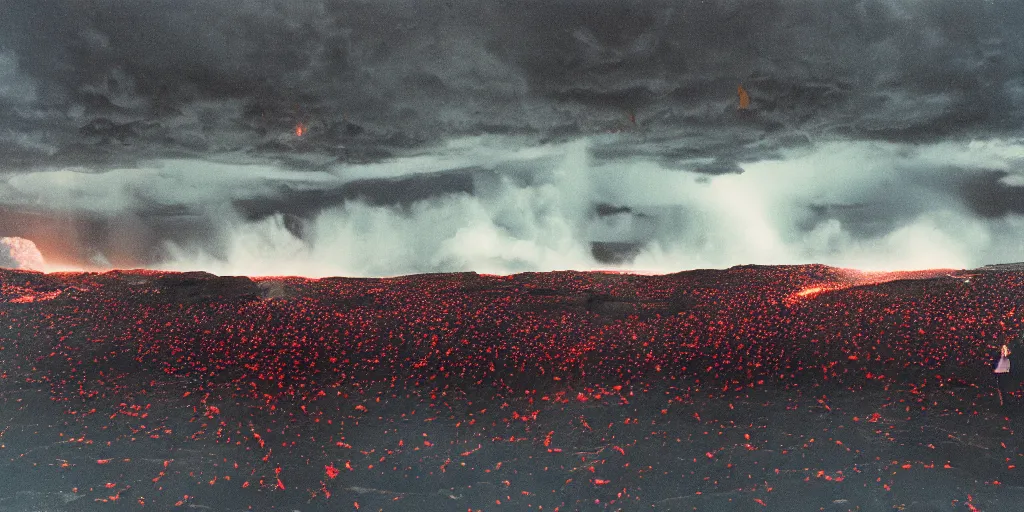 Image similar to A levitating crowd of people made from bright glowing volcanic stones floating in the air, storm clouds raining bright lava from the sky, Swelling waves, 8k photorealistic, dramatic lighting, chiaroscuro, William Eggleston