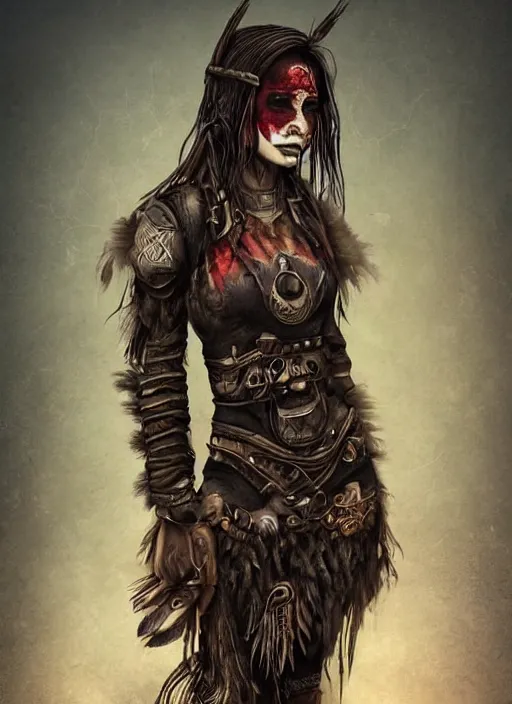 Prompt: digital art of a young woman in dark shamanistic ritual clothing accented by raven feathers, dark makeup, realistic, post apocalyptic, dystopian, high resolution, highly detailed, fallout, raider, 4 k, artstation, dark lighting