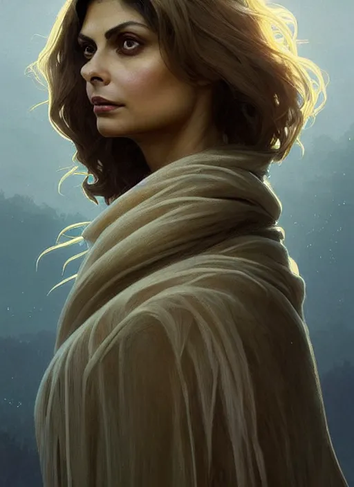 Image similar to Portrait of a beautiful Morena Baccarin, blonde shaggy hair, cloak, ethereal wings, fantasy, extremely detailed, digital painting, artstation, concept art, smooth, sharp focus, illustration, stunning lighting, art by artgerm and greg rutkowski and alphonse mucha and simon stalenhag, realistic character concept, high fantasy, light atmosphere, golden ratio, cinematic lighting, hyperdetailed, high resolution, insanely detailed and intricate, artstation, Marc Simonetti, Greg Rutkowski, 8k