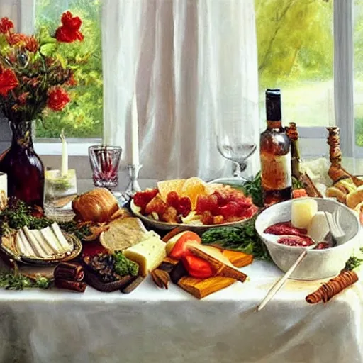 Image similar to a table full of traditional Swedish food, candles, wine, schnapps, pork, cheese, painting by Vladimir Volegov