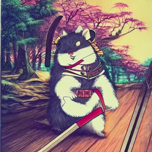 Prompt: japanese hamster samurai. with long sword. anime art. painting. sacura forest on background