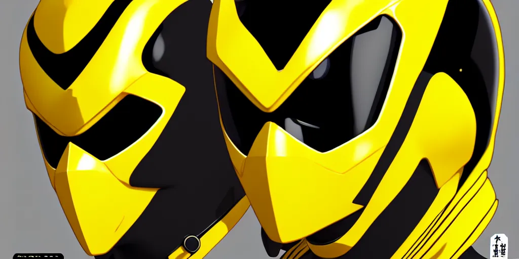 Image similar to symmetry!! yellow ranger, samurai, asian, artstation, art by murata, art by oda echiiro, lightning helmet, 3 d, jumpsuit, tracksuit, yellow, gloves, logo