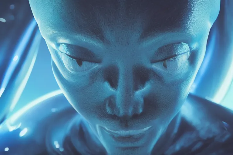 Image similar to vfx movie scene closeup portrait of beautiful blue body paint fit alien gorgeous buff man dancing in sleek futuristic decadent spaceship pillars, alien antenna, futuristic ballroom. big eyes, soft skin, giant windows view of earth obit. by emmanuel lubezki