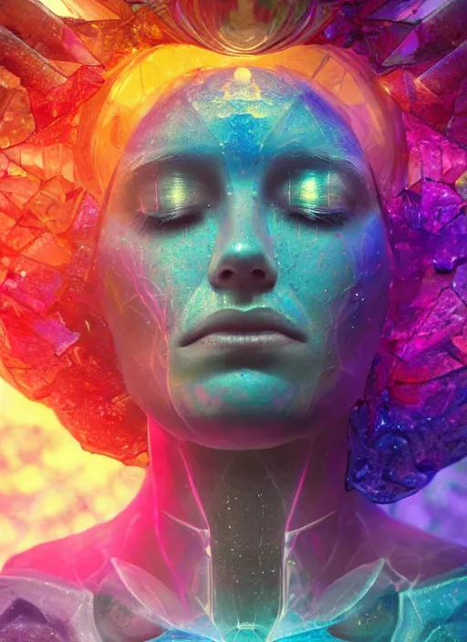 Prompt: a photo of 8k ultra realistic corrupted rainbow humanoid queen meditating, swarm of transparent glass shards, D&D, fantasy, cinematic lighting, highly detailed, artstation, concept art, smooth, sharp focus, illustration, warm light, cozy warm tint, magic the gathering artwork, volumetric lighting, 8k, no gold, no gold colours, art by Akihiko Yoshida, Greg Rutkowski