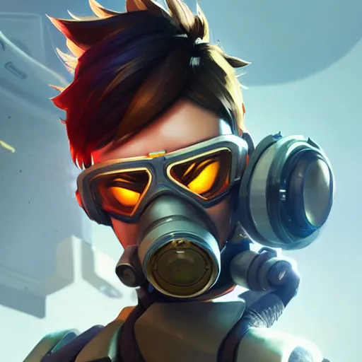 Image similar to overwatch tracer wearing a cyber gas mask, digital art, pretty face, very beautiful face, very detailed eyes, ultra detailed, by woop, greg rutkowski,