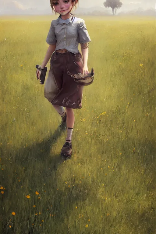 Image similar to a cute anthropomorphic rat girl wearing human clothes walking in a meadow, by craig mullins, detailed digital painting realism 8 k