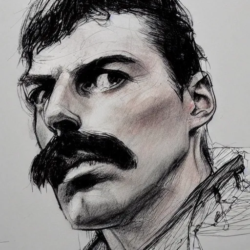 Prompt: a realistic yet scraggly portrait sketch of the side profile of a stern and sophisticated freddie mercury, trending on artstation, intricate details, in the style of frank auerbach, in the style of sergio aragones, in the style of martin ansin, in the style of david aja, in the style of mattias adolfsson