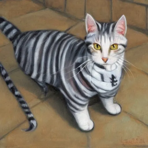 Image similar to oil painting extreme wide shot of a [ white and grey tabby cat ] wearing a [ hufflepuff scarf ], in the gloucester cathedral cloisters