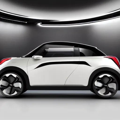 Image similar to high quality photo of new honda e mini concept car in showroom, cinematic lighting ,unreal engine, low DoF,