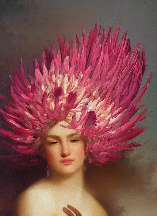 Image similar to stunning mexican godess, detailed pink and white protea head peace against a black backdrop by ivan aivazovsky, wlop, oil painting, beautiful soft lighting, muted colours, artstation