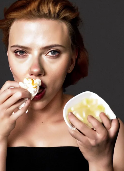 Image similar to scarlett johansson looking at the camera while eating yogurt, she is eating the yogurt too fast and it's on her face. real photo, photoshooting, studio light, black background, intricate, epic lighting, cinematic composition, hyper realistic, 8k resolution, unreal engine 5