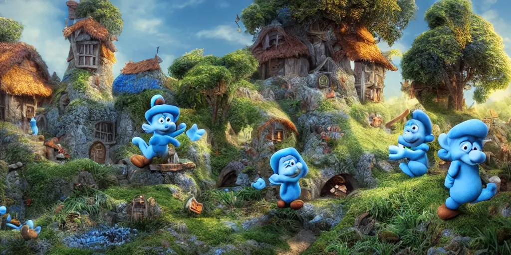 Prompt: smurfs village 3 d, mistic atmosphere, cute, octane render, redshift render, intricate, insanely detailed, morning light, ambient occlusion, sub surface scattering, well rendered