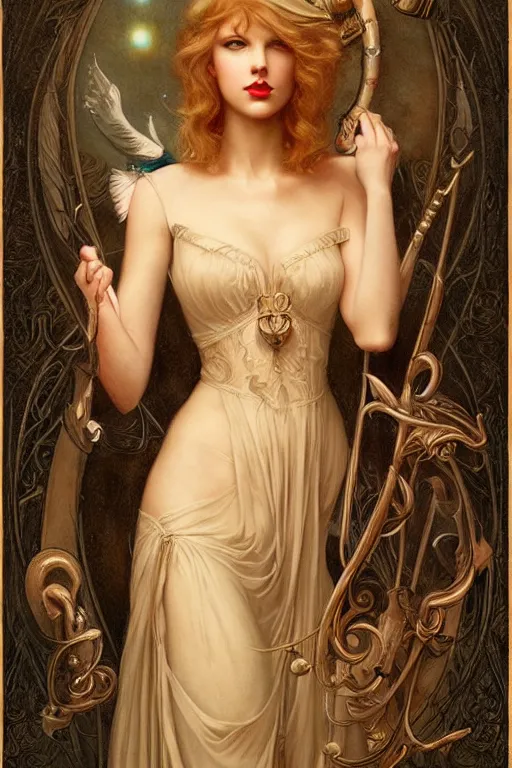 Prompt: Taylor Swift by Tom Bagshaw in the style of Gaston Bussière, art nouveau