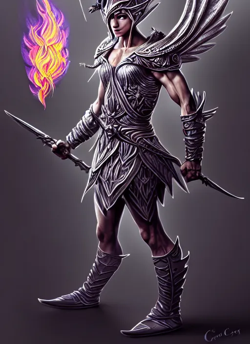 Image similar to aggressive winged androgenous queer silver elf with fire crown, d & d, muscular! crossfit, fitness, tech suit, tight wrinkled cloath, vivid color scheme, atmospheric perspective, fantasy, intricate, elegant, highly detailed, digital painting, artstation, concept art, smooth, sharp focus, illustration, art by craig davison and jesper ejsing