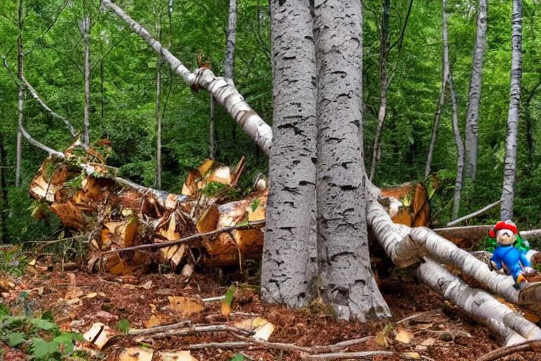 Image similar to donkey kong in a forest knocking down trees, a white birch tree that has fallen over, donkey kong from nintendo 6 4