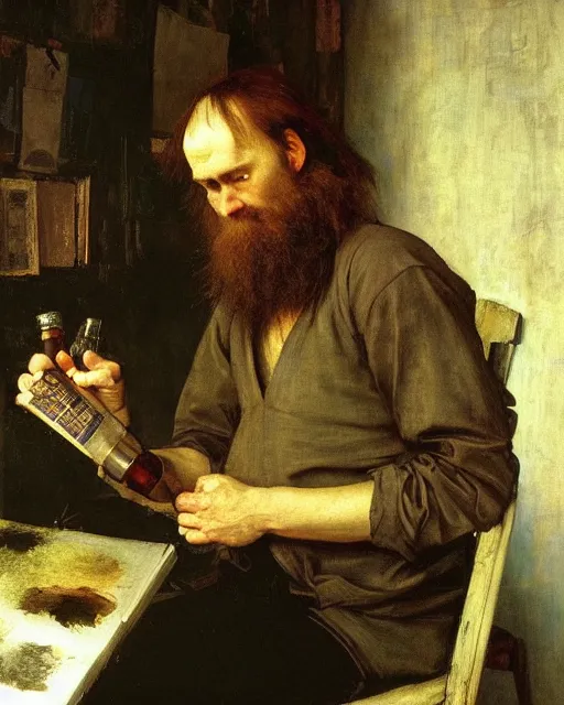 Image similar to dostoyevsky as an exhausted painter in his studio with a whiskey bottle by edgar maxence and caravaggio and michael whelan, intricate painting, hyper realistic, extremely detailed and beautiful aesthetic face, 8 k resolution