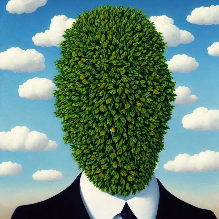 Image similar to portrait of a faceless beautiful flower - head man in a suit, clouds in the background, by rene magritte, detailed painting, distance, middle centered, hd, hq, high resolution, high detail, 4 k, 8 k